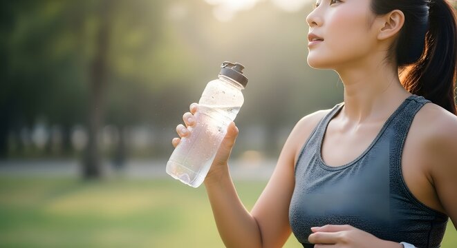 A sporty woman takes a break to hydrate with a water bottle in a sunlit park, promoting wellness and an active lifestyle. - Powered by Adobe