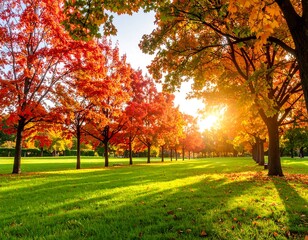 Naklejka premium Autumn Sunset Park with Colorful Trees.