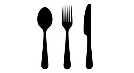 A simple and clean silhouette illustration showcasing essential dining utensils including a spoon a fork and a knife arranged in a vertical lineup against a white background