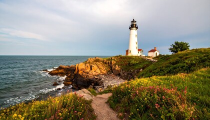 A picturesque coastal scene showcasing a stately lighthouse standing sentinel over a rocky shoreline, bathed in the soft light of a beautiful summer day.