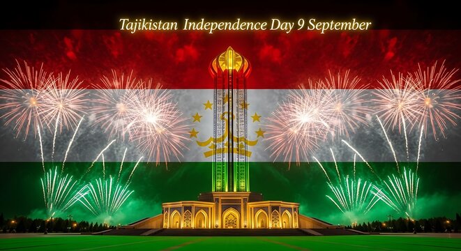 Tajikistan Independence Day Celebration with Fireworks and National Flag Backdrop