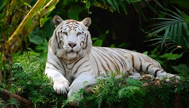 majestic white tiger resting amid vibrant jungle foliage - Powered by Adobe