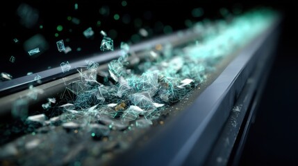 A conveyor belt feeds shredded electronic waste into an AIbased sorting mechanism with metal and plastic components actively separating highlighting the dynamic interaction of technology