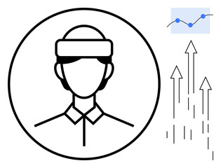 Person in headset within a circle, ascending arrows symbolizing growth, connected data points in a chart. Ideal for leadership, performance, innovation, career, analytics, technology simple flat