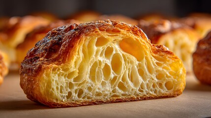 Close-up view of a golden-brown pastry slice, showcasing intricate cellular structure within the bread.