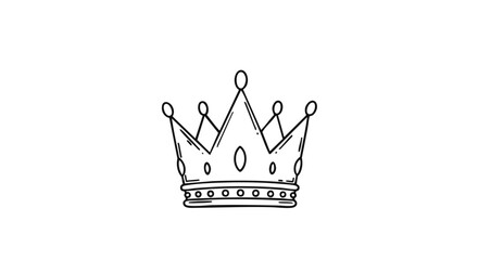Obraz premium A hand-drawn black and white line art illustration of a royal crown with jewels, isolated on a white background.