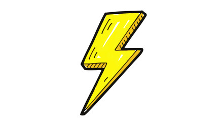 A hand-drawn cartoon illustration of a bright yellow lightning bolt with a bold black outline.