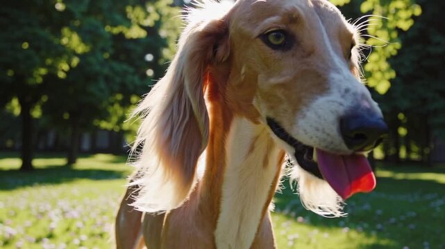 Saluki canine companion gazing directly at the viewer while licking its muzzle in outdoor green recreational area