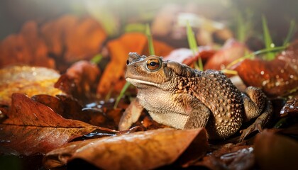 Fototapeta premium eastern narrow mouthed toad camouflaged among wet leaves in morning mist