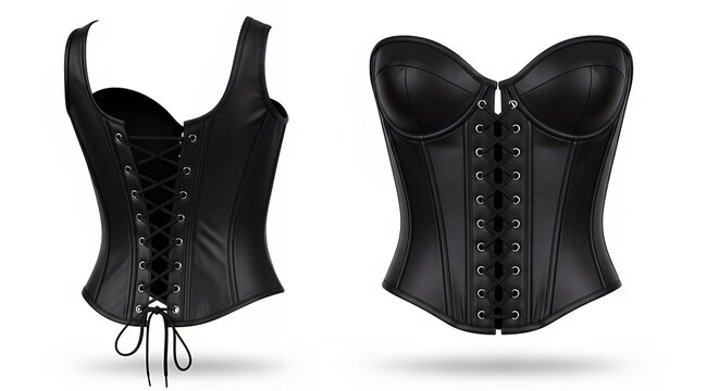Elegant black faux leather underbust corset with lace-up front and structured cups for fashion and costume designs