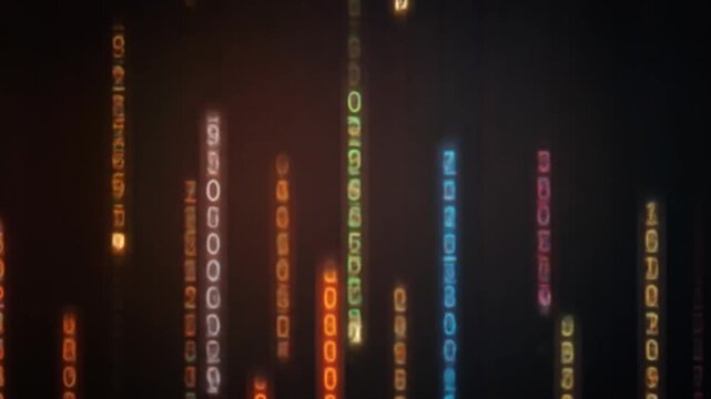 Vertical columns of colorful binary code, symbolizing data and digital technology. 4k video