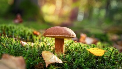 a single brown mushroom grows among green grass and fallen leaves in a forest setting