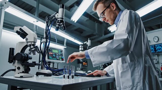 Researcher Performing Scientific Procedure for Depositing Metal Onto Surface Utilizing Specialized Laboratory Apparatus