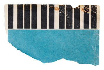 Piece of blue book cover with piano keys pattern, torn old vintage paper, isolated collage element