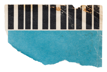 Piece of blue book cover with piano keys pattern, torn old vintage paper, isolated collage element