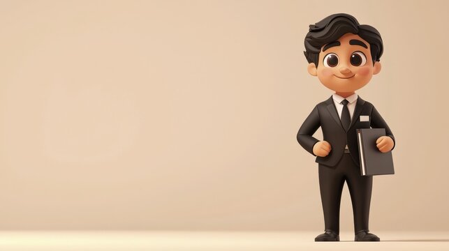 This cartoon businessman in a smart suit confidently holds a book, ready for a presentation.