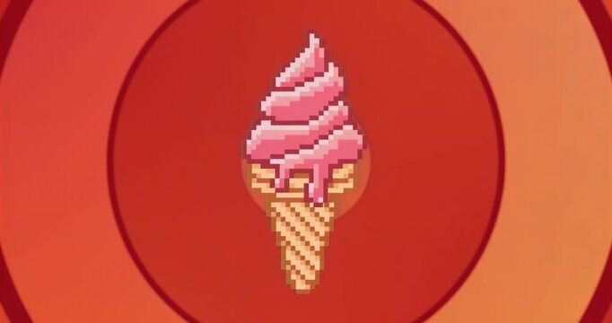 One-second pixel art ice cream cone staying centered while rings fading expanding highlighting cone