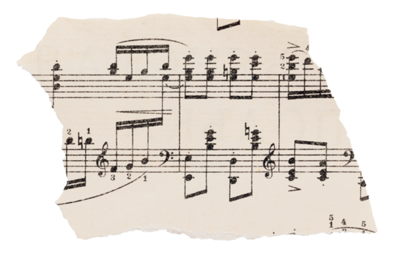 Scrap of old music sheet, vintage yellowed ripped paper with notes isolated for design