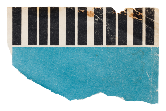 Piece of blue book cover with piano keys pattern, torn old vintage paper, isolated collage element