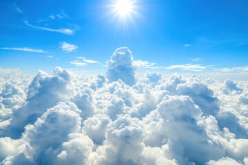 Majestic Aerial View: Sunlit Cumulus Clouds Against Vibrant Blue Sky
