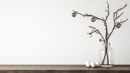 Minimalist Winter Still Life: Bare Branches Adorned with Silver and White Ornaments in Glass Vase