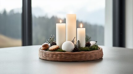 Cozy Advent Arrangement with Candles, Cookies, and Winter Greens Against Mountain View
