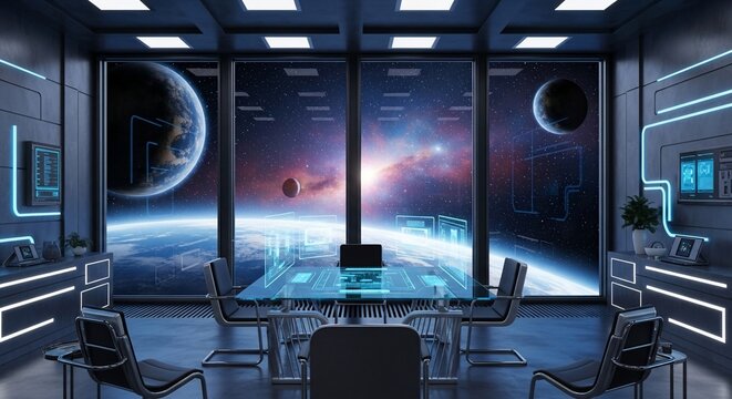 zoom background futuristic space office with earth and planet view