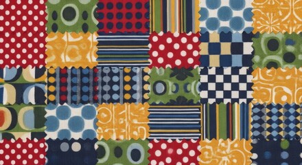 Obraz premium Colorful patterned fabric pieces are stitched together to form an abstract design with circles, stripes, and geometric shapes.