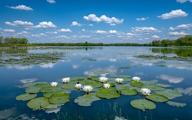 Serene Lake Landscape with White Water Lilies and Clouds