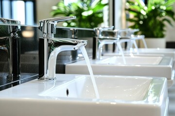 Modern Bathroom Faucets with Flowing Water in a Row, Clean and Minimalist Design