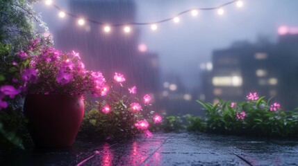 Naklejka premium Rainy urban balcony with vibrant flowers and soft evening lights