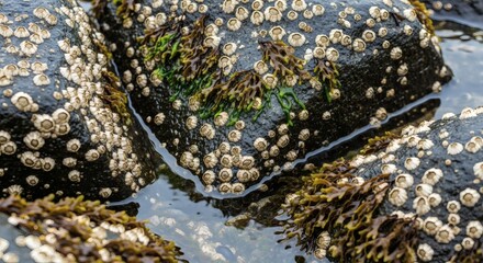Obraz premium Rocks covered in barnacles and seaweed, partially submerged in shallow water, exhibiting a rich intertidal zone environment.
