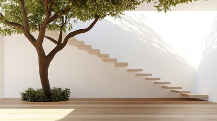 Serene Minimalist Interior: Floating Staircase and Indoor Tree