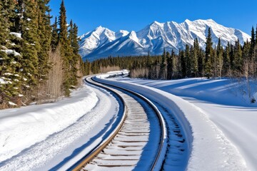 Winter's Embrace: Curving Railroad Tracks Through Snowy Landscape with Majestic Mountain Backdrop
