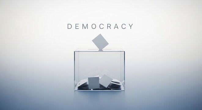 3D illustration of a ballot box with "DEMOCRACY" text, paper votes, representing democratic election and civic participation