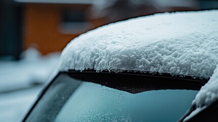 Winter's Embrace: Snow-Covered Car Hood and Frozen Glass