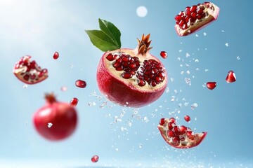 Levitating Pomegranate Explosion: Vibrant Red Fruit and Seeds Against Blue