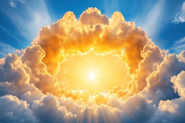 Dramatic Heavenly Cloudscape: Radiant Sun Bursting Through Golden Clouds.
