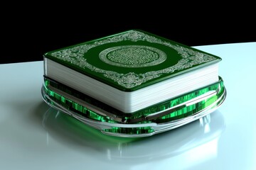 Emerald Quran: Intricate Islamic Calligraphy on a Glossy Green Book with Reflective Stand