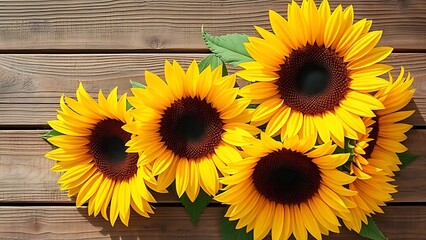 A vibrant sunflower arrangement on a rustic wooden surface, bathed in natural warm light.