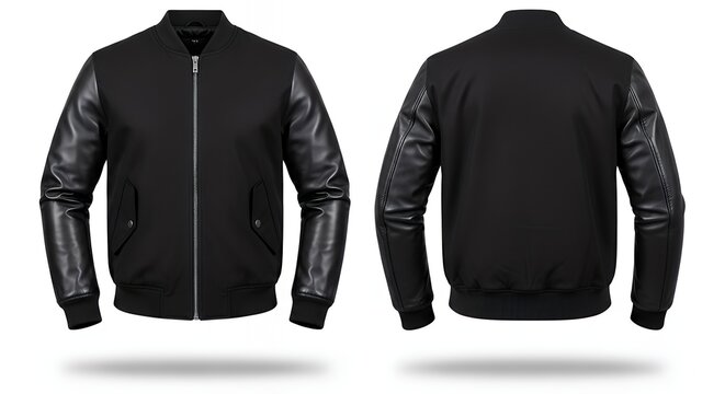 Stylish black varsity jacket with leather sleeves featuring a modern design suitable for casual wear and street fashion enthusiasts