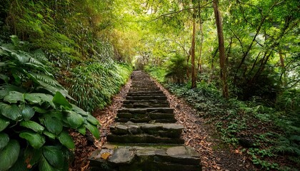 Obraz premium stone steps lead upward through lush green foliage creating a serene pathway surrounded by vibrant leaves inviting exploration and connection with nature s beauty