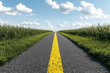 Serene Country Road: Vibrant Yellow Line, Lush Green Fields, and a Sunny Sky