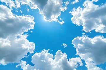 Azure Sky Framed by Fluffy Clouds, Sunlit Heavenward View