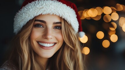 Festive Cheer: Close-up Portrait of a Smiling Woman in a Santa Hat, Warm Bokeh Lights