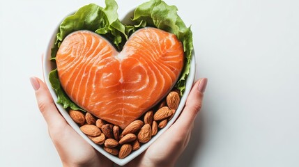 Heart-Shaped Salmon Fillet with Almonds and Lettuce, Healthy Food Concept