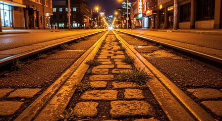 Fototapeta premium A ground-level view of cobblestone embedded within streetcar tracks leading through a dark urban street at night.