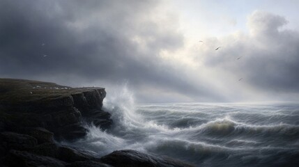 Obraz premium Dramatic ocean waves crashing against rocky cliffs under stormy skies