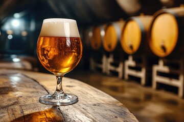 Golden Hour Craft Beer: A Glass of Amber Ale in a Rustic Brewery