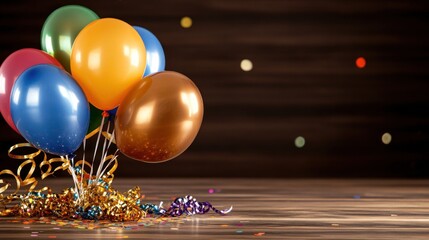 Festive Balloons and Confetti on Wooden Floor: Vibrant Celebration